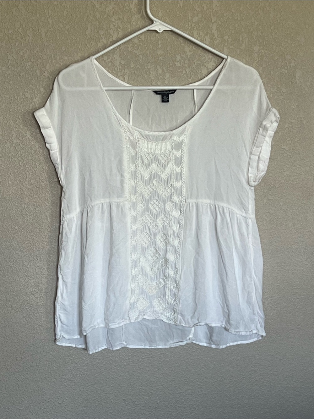 American Eagle Outfitters White Lace-Front Short Sleeve Blouse